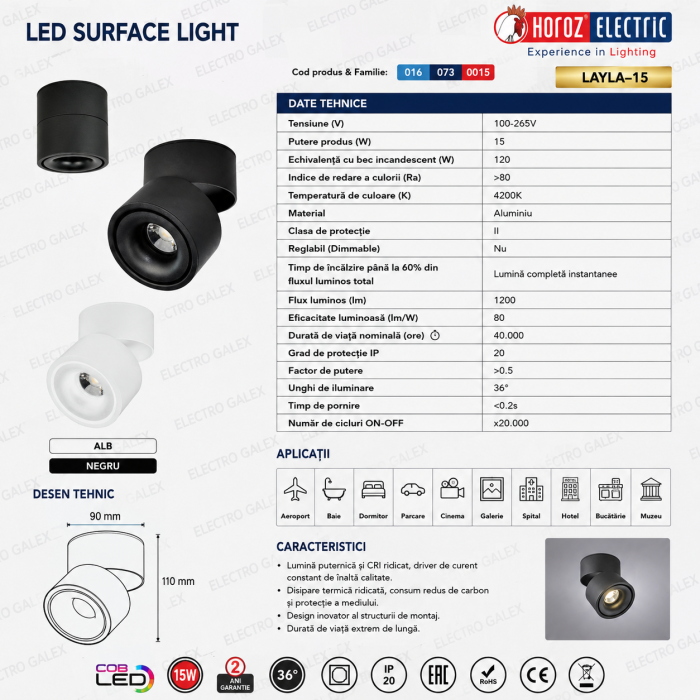 Fișă tehnică spot LED aplicat Horoz LAYLA 15W, 1200 lm, 4200K, dimensiuni, desen tehnic și specificații tehnice