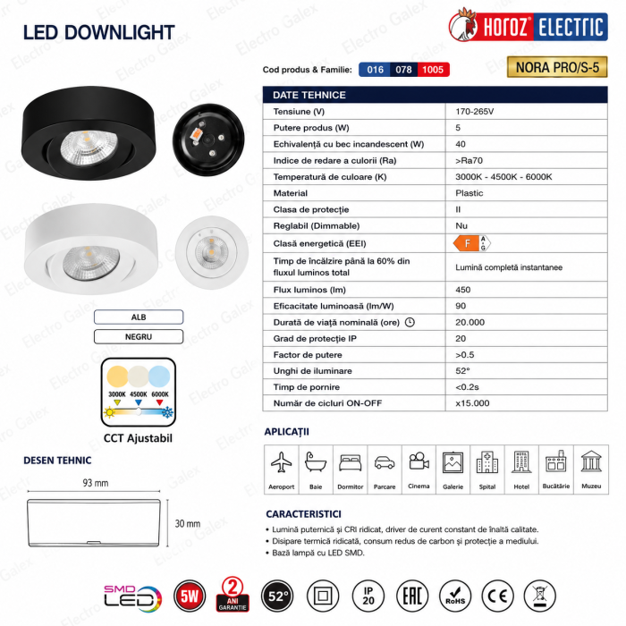 Fișă tehnică spot LED aplicat Horoz NORA PRO/S-5 5W 3CCT reglabil 3000K 4500K 6000K, dimensiuni și specificații tehnice