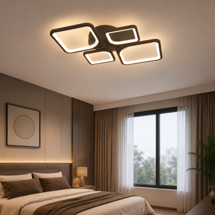 lustră LED 4 pătrate cu telecomandă maro 120W montată în dormitor modern
