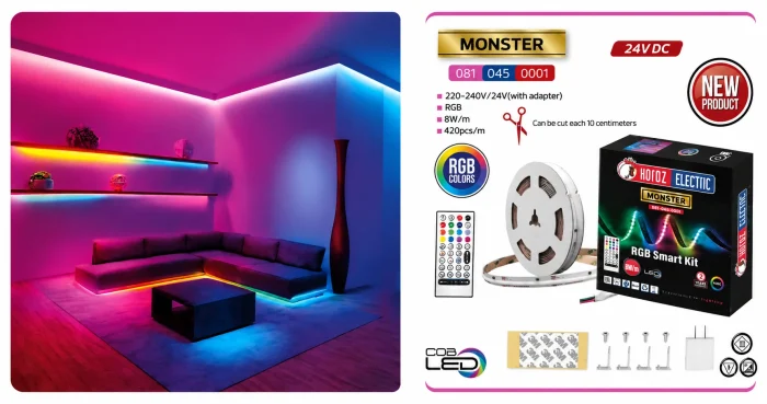 Set Bandă LED COB RGBIC Digitală 5m, 40W, 24V, Fugă de Culori și Efecte Dinamice, Telecomandă – MONSTER - imagine 2
