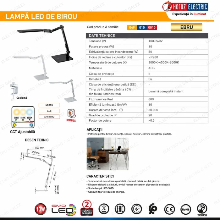 Fișă tehnică lampă LED de birou EBRU Albă, Neagra, Argintie 10W 600 lm 3CCT