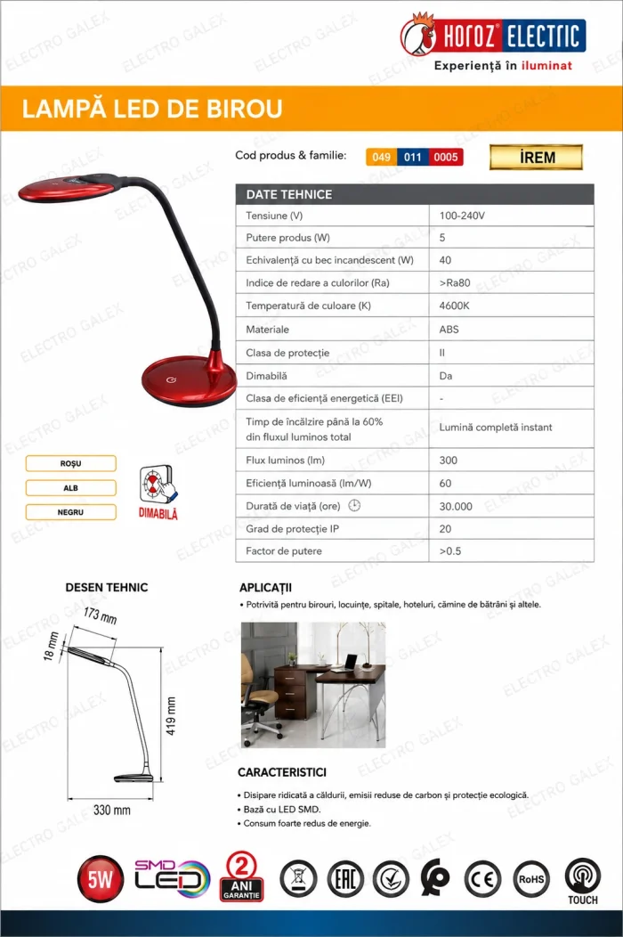 Lampă LED de Birou cu Lupă, Touch, Braț Flexibil, 3 Trepte Intensitate, 5W, 300 lm, 4600K, Roșu – IREM - imagine 5