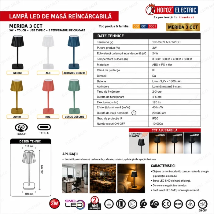 Fișă tehnică veioză LED fără fir MERIDA 3CCT