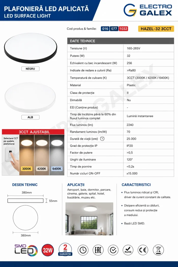 Fișă tehnică plafonieră LED albă, neagra HAZEL 32W 3CCT, 2240 lm