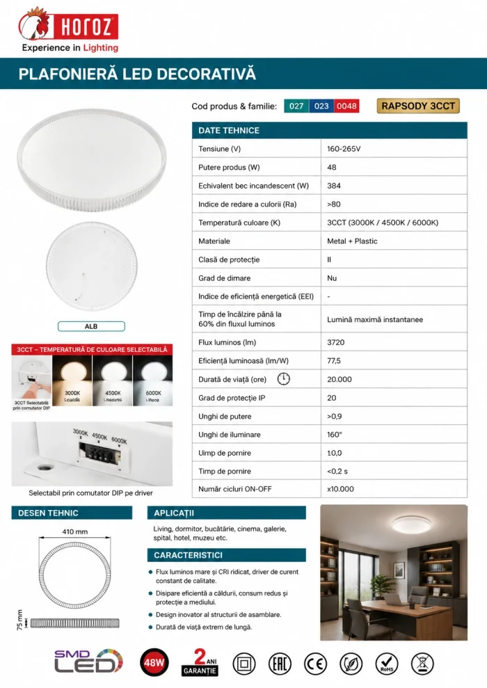 Fișă tehnică plafonieră LED RAPSODY 48W 3CCT 3720 lm