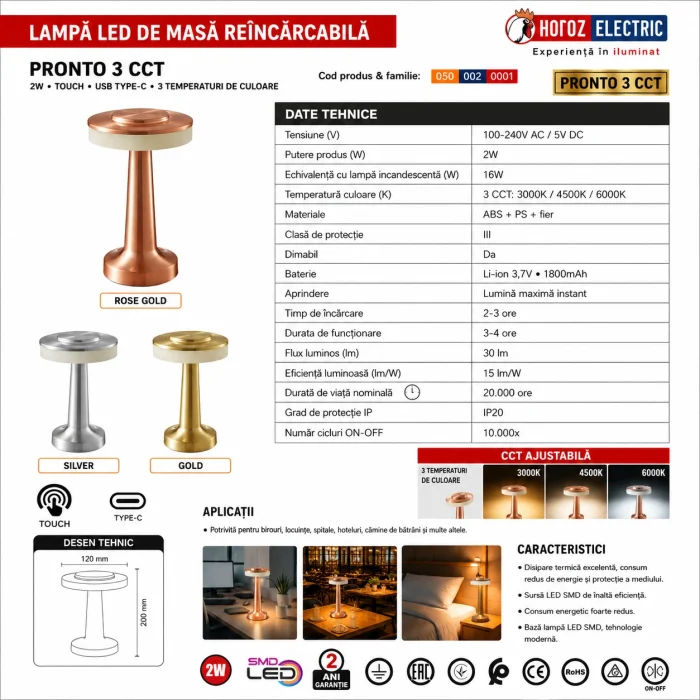 Veioză LED Touch Fără Fir, Reîncărcabilă, 2W, 3CCT, Dimabilă, Argintiu – PRONTO - imagine 2