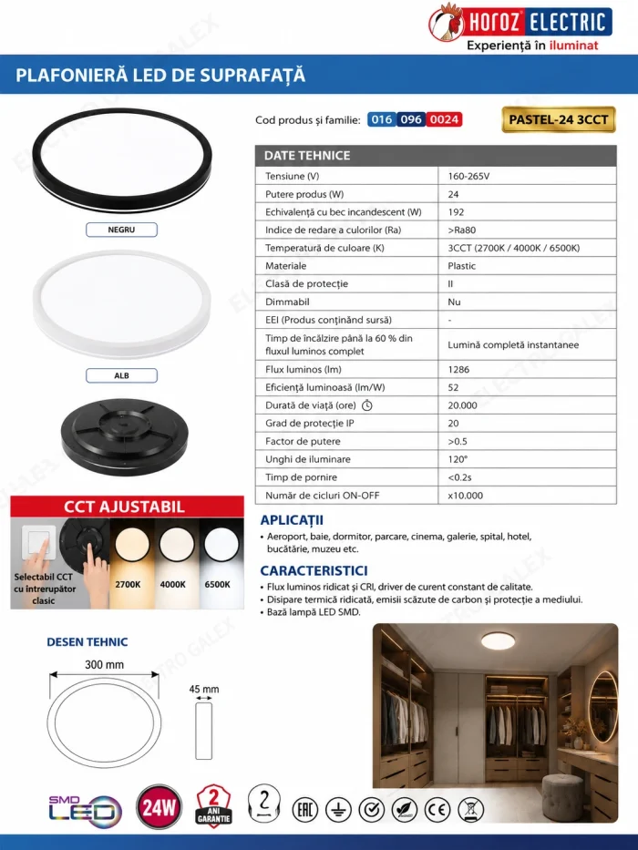 Plafonieră LED 24W 30 cm albă si neagra PASTEL 3CCT fisa tehnica