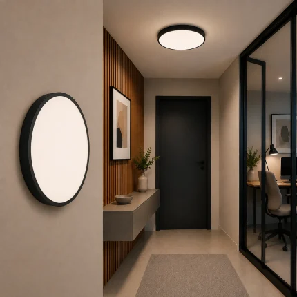 Plafonieră LED neagră 24W 30 cm 3CCT HAZEL montată pe tavan hol