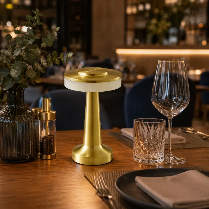 Veioză LED fără fir aurie PRONTO, reîncărcabilă, touch și 3CCT pe masa in restaurant