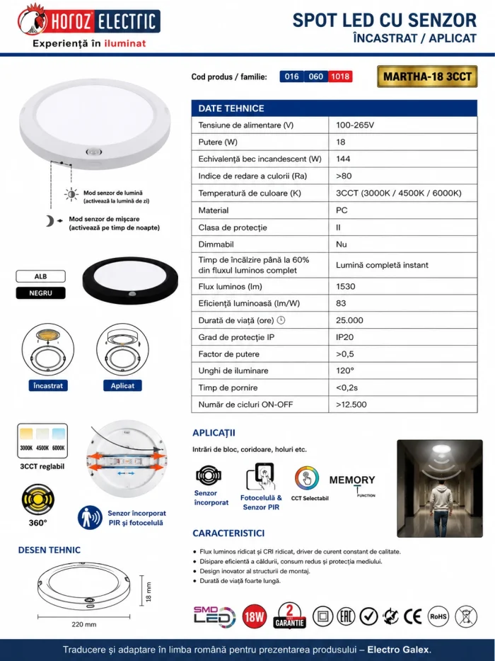 Fișă tehnică spot LED MARTHA 18W 1530 lm 3CCT cu senzor PIR și fotocelulă