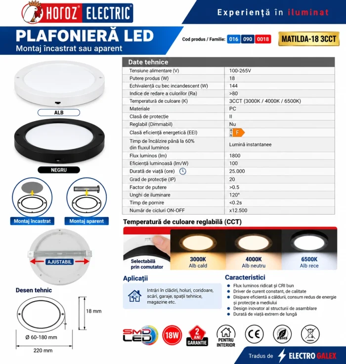 Fișă tehnică spot LED MATILDA 18W 1800 lm 3CCT alb, montaj încastrat sau aplicat